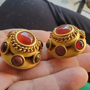 Natasha Stambouli Vintage Gold and Red Stone Clip On Earrings